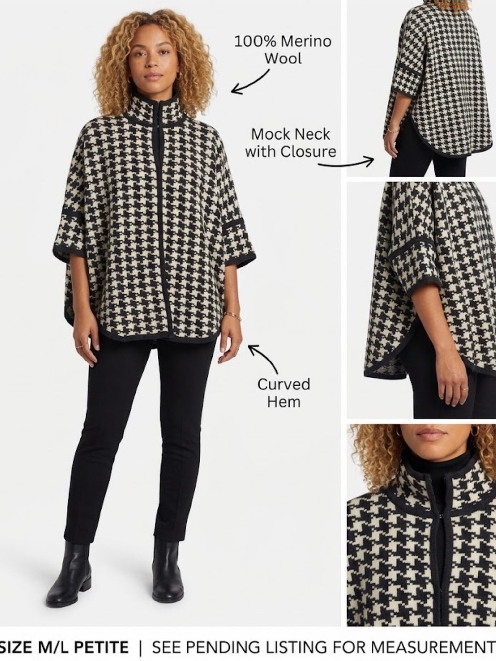 PENDLETON Petite 100% Merino Wool Houndstooth Cape / Poncho Sweater (M/L)